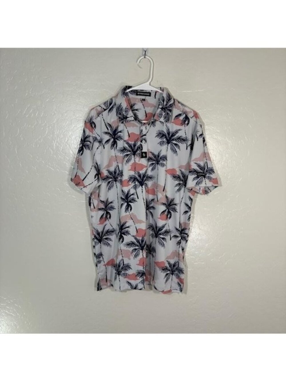 Byrdgang Polo Shirt Mens Medium White Pink Palm Tree Tropical Golf Stretch